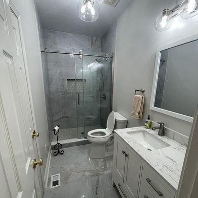 A stylish bathroom with a glass shower enclosure, a toilet, and a vanity featuring a mirror and sink.